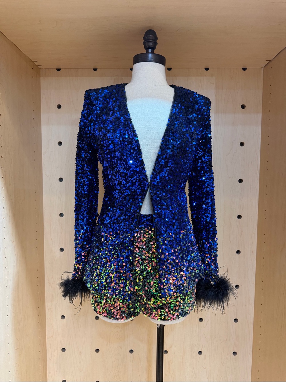 Blue Sequin Feather-Cuff Women's Shorts and Blazer Set